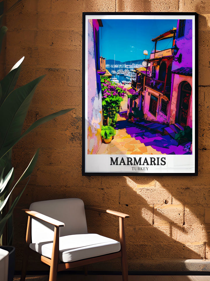 Discover the charm of Marmaris with this elegant Turkey Travel Print featuring Marmaris Marina Downtown Marmaris This artwork adds a vibrant touch to any room with its detailed depiction of Turkeys beautiful coastal town Perfect for home decor and art lovers