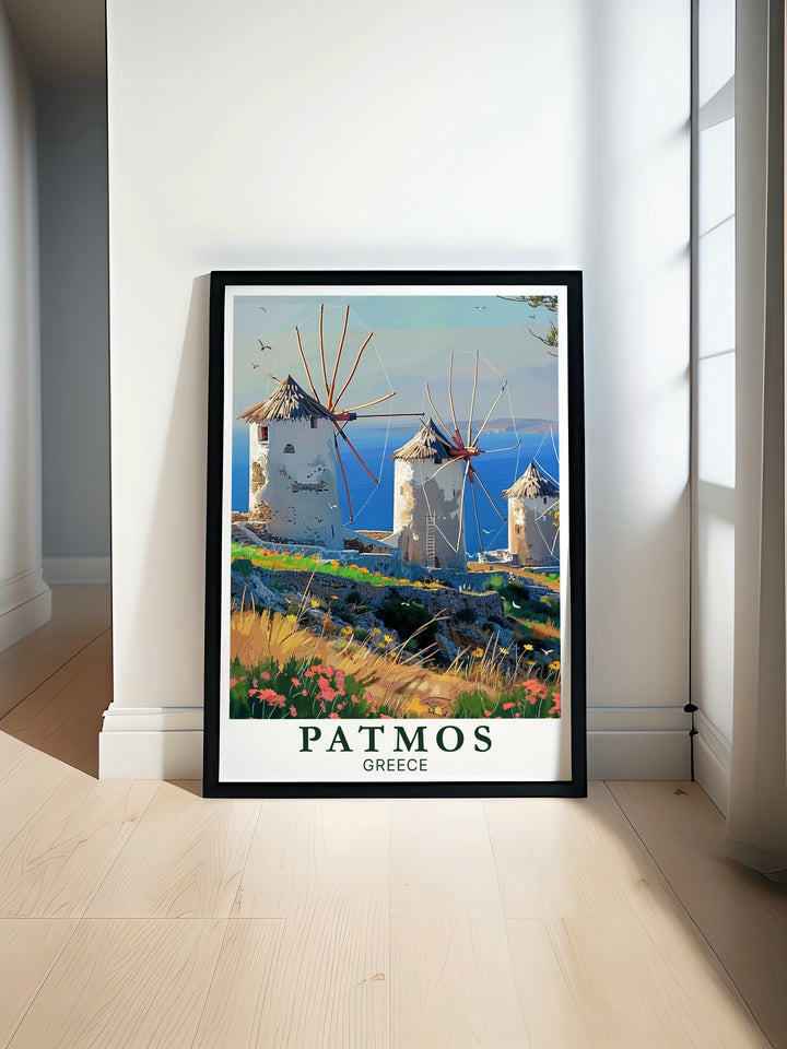 Patmos poster print featuring the serene beauty of Patmos islands with Windmills of Patmos modern prints perfect for adding a touch of Greek elegance to your home decor vibrant colors and intricate designs make this wall art a must have for any Greece island art lover