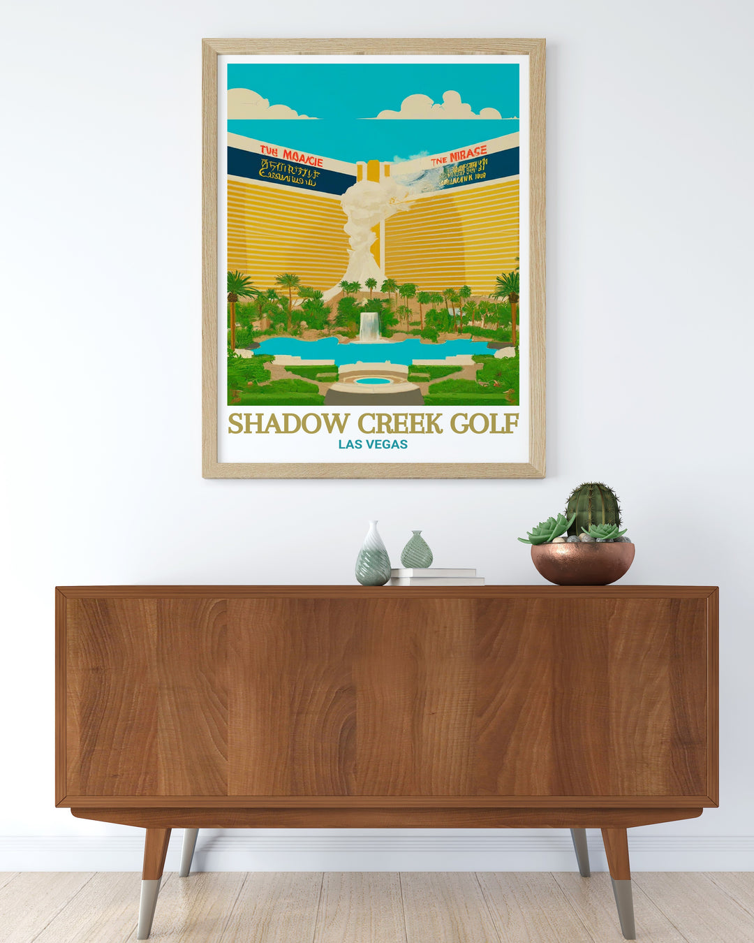 Wall Poster of Shadow Creek Golf Course and The Mirage Hotel, featuring the lush landscape of the golf course and the vibrant energy of The Mirage. The detailed artwork brings the elegance and excitement of Las Vegas into your home, perfect for decorating a golf themed room or adding a touch of Vegas luxury to your decor.