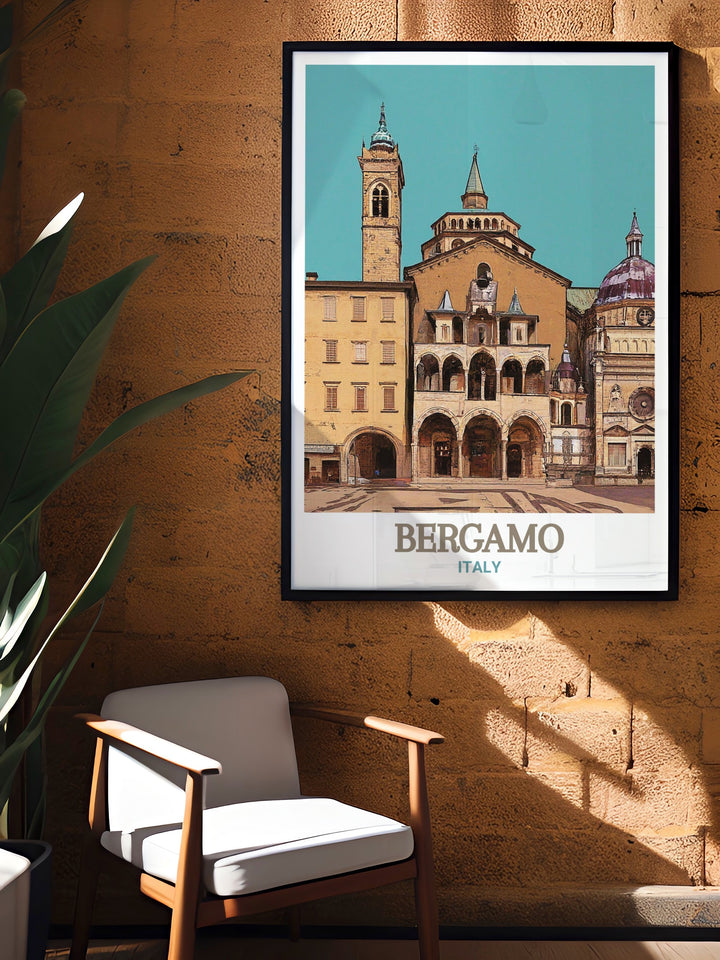 Art print of Bergamos Piazza Vecchia. Capturing the unique character and timeless beauty of this ancient square. A perfect gift for art enthusiasts and travelers. Crafted with the highest quality materials for lasting vibrancy.