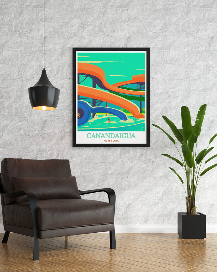 Travel art print of Roseland Waterpark featuring the vibrant landscapes and fun waters of this New York State gem. Ideal for creating a lively vibe in your living space.