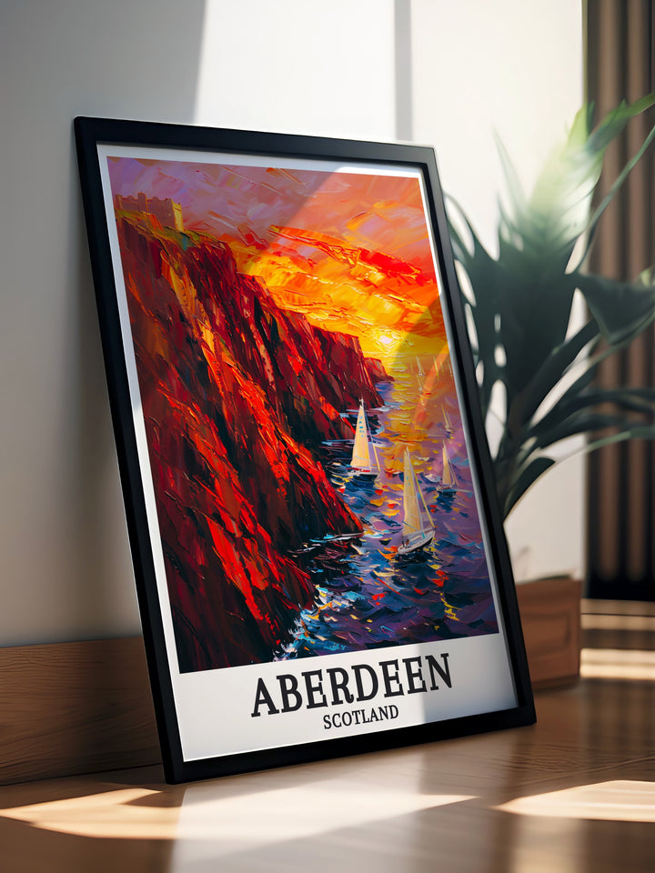 North Sea Home Decor piece capturing the tranquil yet powerful presence of the sea as it shapes the Scottish coast near Aberdeen. The artwork offers a perfect blend of natural and historical elements, ideal for enhancing any rooms decor with a touch of Scottish coastal charm