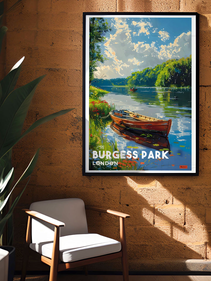 Captivating framed art of Burgess Park Lake, designed to enhance your living space with the natural beauty and tranquility of one of Londons largest parks. Perfect for nature enthusiasts and art lovers alike.