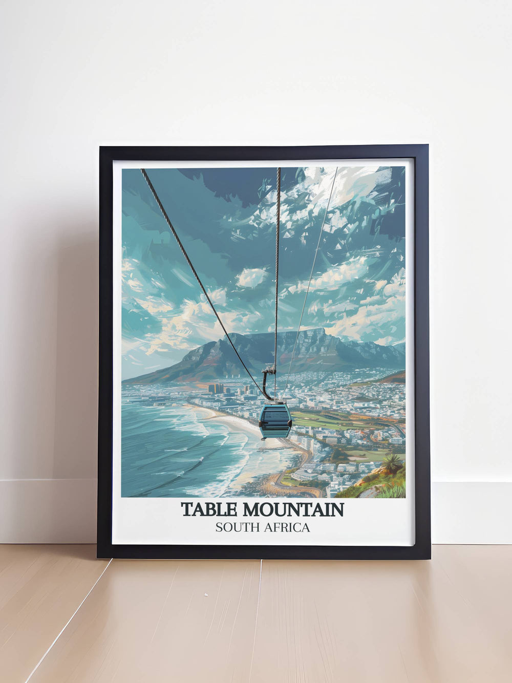 Elevate your living space with this Cape Town Poster showcasing the stunning Table Mountain Aerial Cableway a perfect addition to your vintage travel print collection