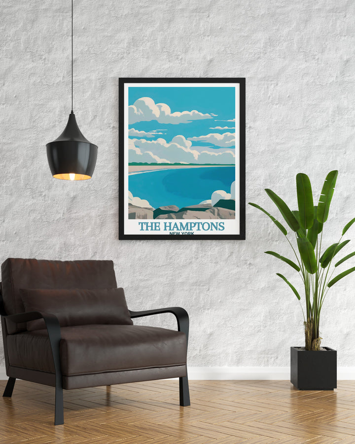 This vintage poster of Coopers Beach in The Hamptons offers a stylish and serene view of one of New Yorks most famous beaches. With soft colors and a detailed map of The Hamptons, this travel print is a beautiful addition to any décor, perfect for beach enthusiasts.