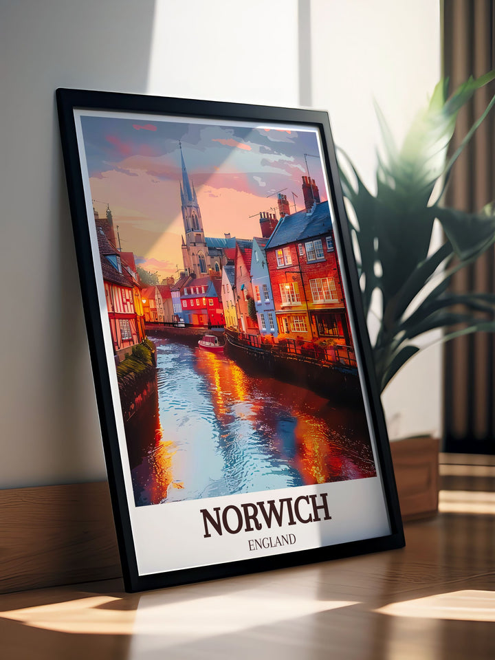 Framed Blakeney Norfolk print highlighting the charm of Blakeney Harbour and the Norfolk Coast AONB ideal for stunning living room decor includes intricate details of the River Wensum Tudor buildings and The Norwich Cathedral.