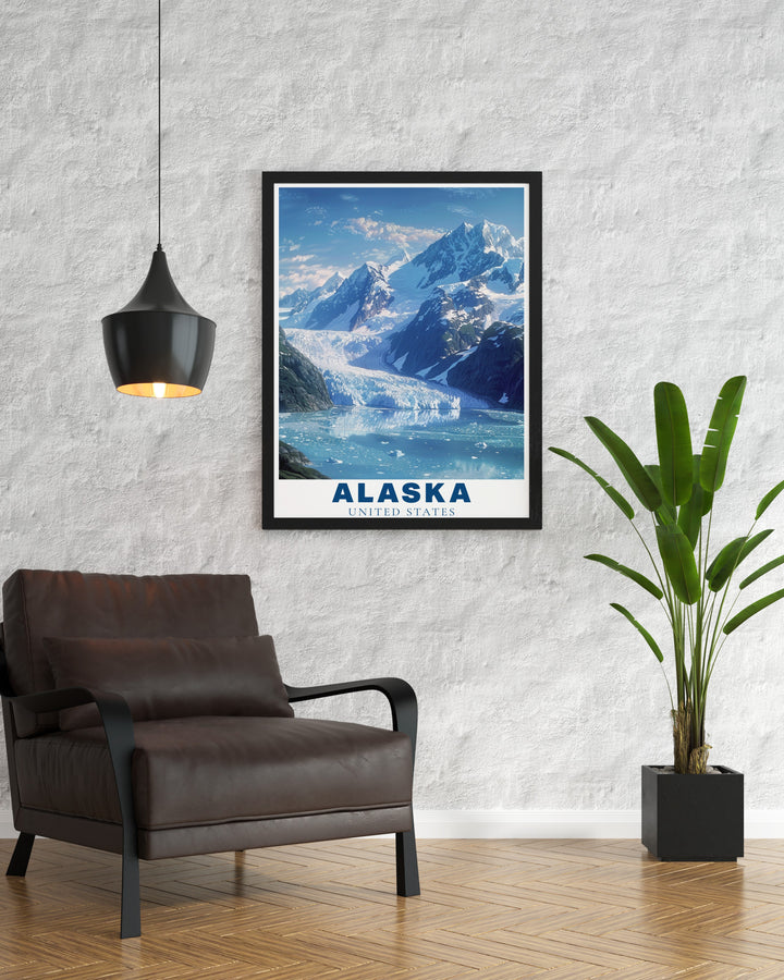 Bring the serenity of Glacier Bay National Park into your home with this Alaska travel print. The artwork captures the quiet beauty of Alaskas glaciers, offering a window into one of the most stunning natural landscapes in the world. Perfect for adventurers and lovers of the great outdoors.