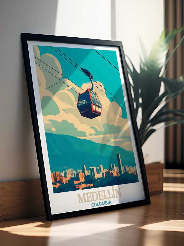 Our Medellín Poster highlights the innovative Metrocable system and the colorful streets of Medellín. This framed artwork is ideal for anyone who appreciates urban design and the cultural richness of South Americas most dynamic city.