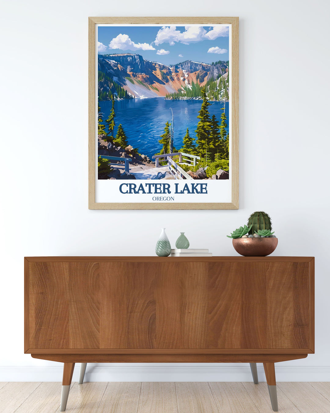 A stunning Crater Lake poster featuring Cleetwood Cove and Wizard Island, capturing the breathtaking views of one of Americas most famous national parks. This travel print is ideal for home décor or as a unique gift for nature lovers and adventure seekers.