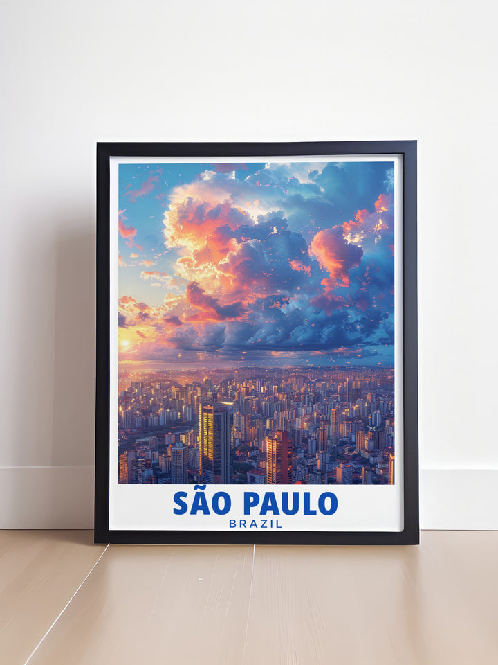 Sao Paulo skyline poster perfect for adding modern art to your home decor. This Brazil print captures the citys skyline in a dynamic and vibrant style making it a standout piece for any room or a memorable Brazil art gift.