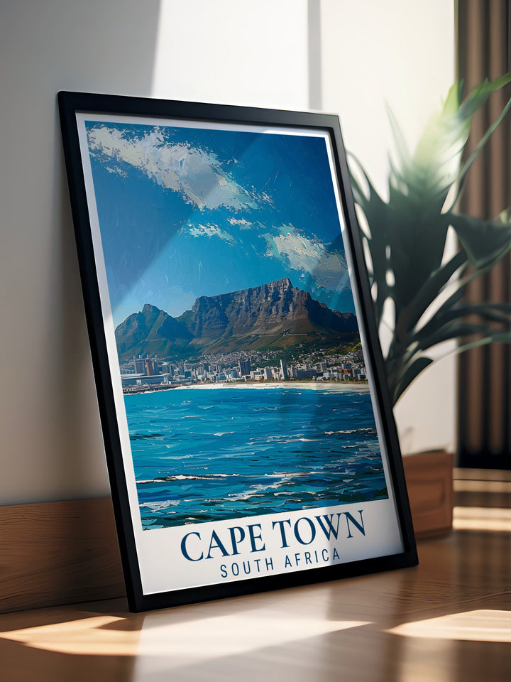 Bring the beauty of Table Mountain into your home with this vibrant art print. A perfect piece for those who want to add a touch of Cape Towns natural beauty to their living room or office. Ideal for modern and elegant home decor.