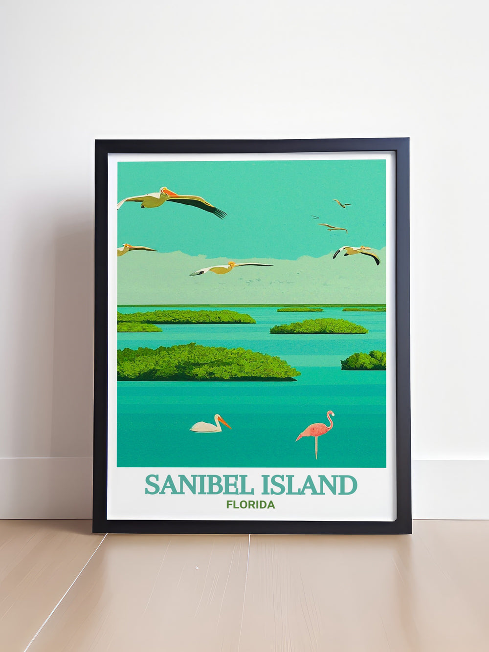 Scenic travel print of J.N. Ding Darling National Wildlife Refuge on Sanibel Island, Florida, depicting the peaceful wetlands and the rich diversity of birdlife that the refuge is known for. This artwork brings the serene beauty of Floridas wild places into your home, making it a perfect addition to any nature themed decor.