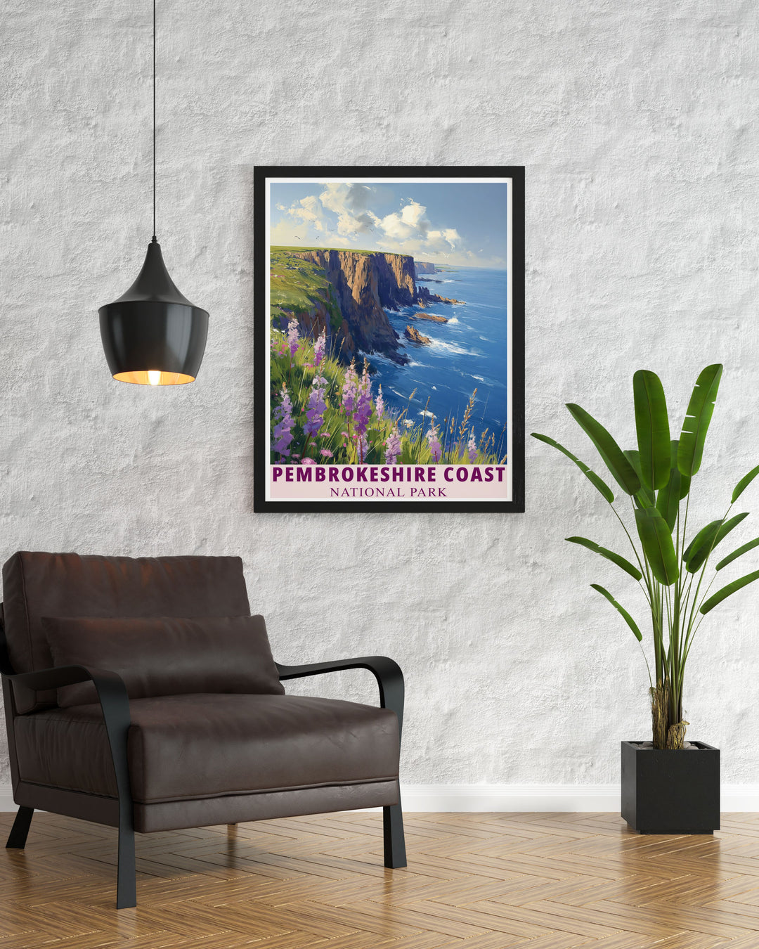 Coastal cliffs prints capturing the dramatic beauty of Pembrokeshire Wales with vintage travel art style showcasing the natural wonders of UK national parks ideal for enhancing your home decor or as a thoughtful gift for travel enthusiasts.