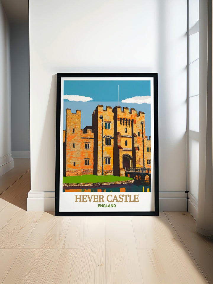 Travel poster of Hever Castle showcasing the grandeur and serenity of one of Englands most iconic castles perfect for home decor and art collectors