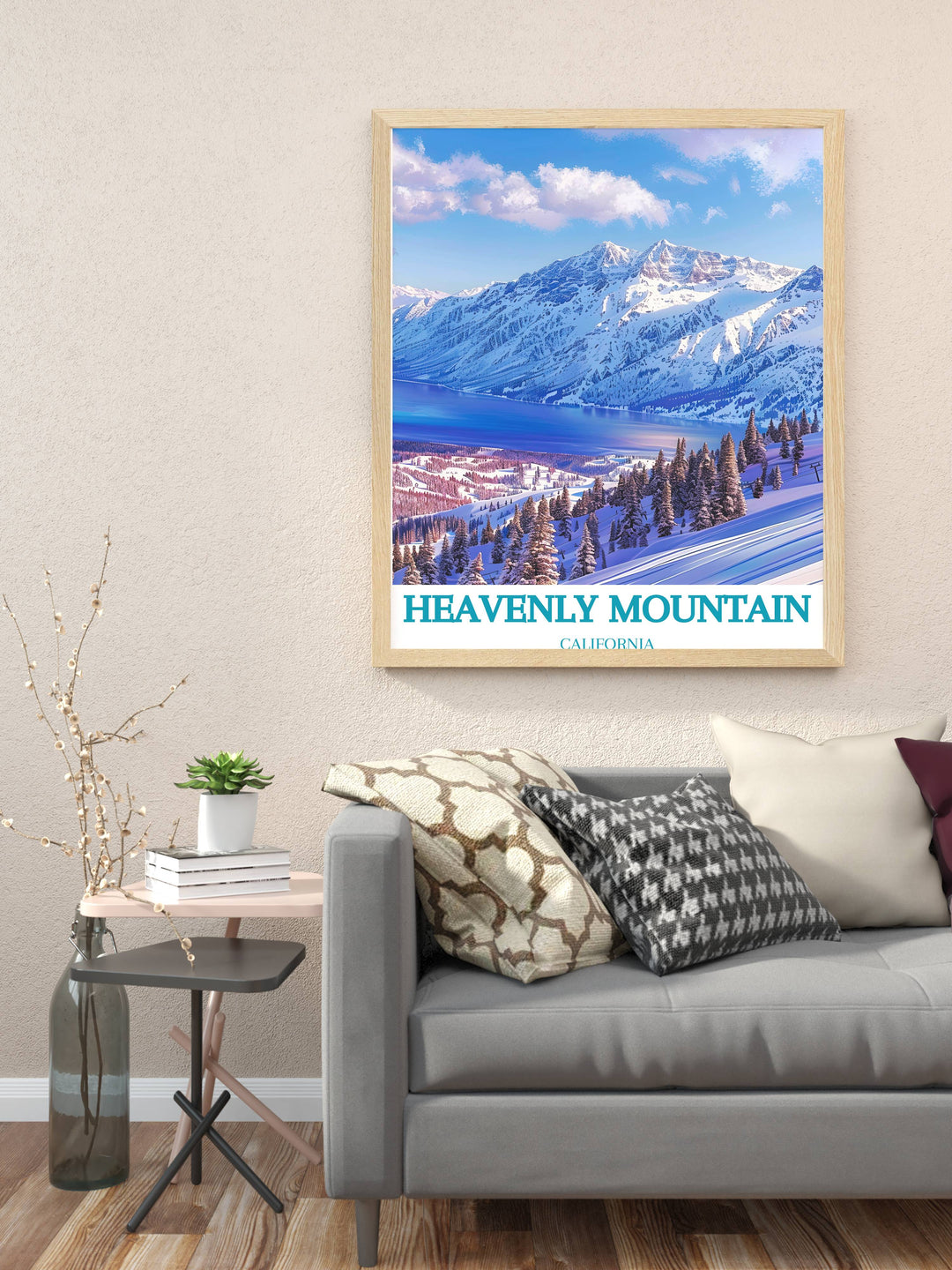 A panoramic view of Heavenly Ski Resort featuring snow laden peaks and skiers navigating the slopes. This art print highlights the excitement and beauty of winter sports, offering a glimpse into the alpine charm and adventure that the resort provides. Ideal for enhancing any space with a touch of winter elegance.