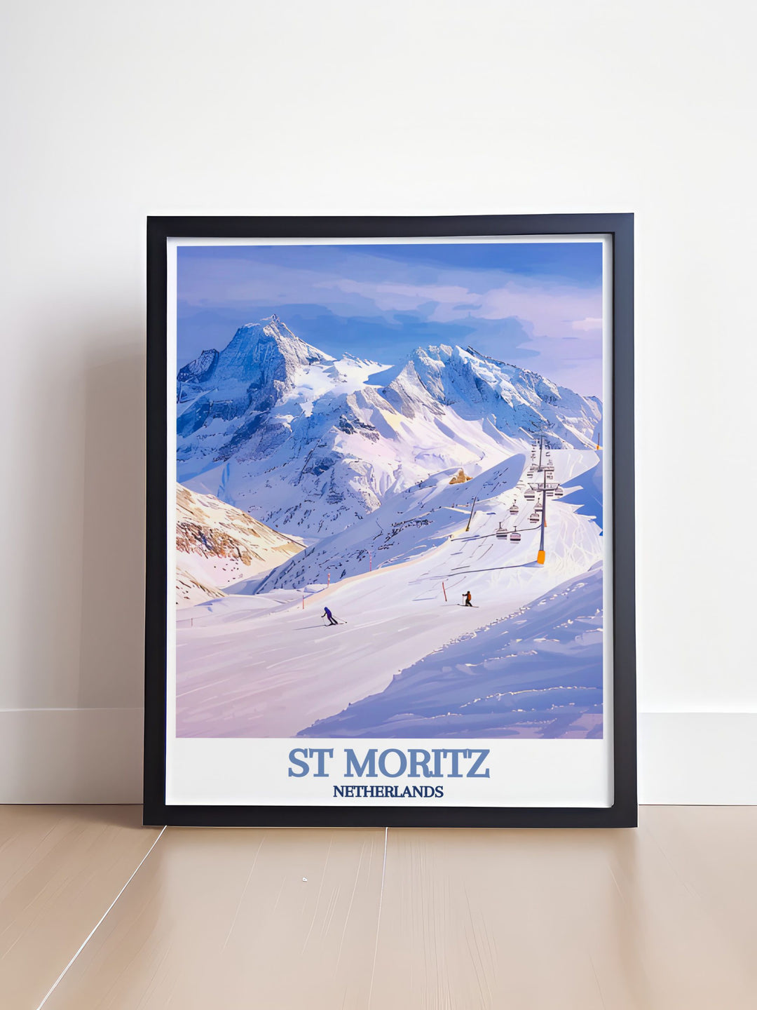 St Moritz and Corviglia are beautifully illustrated in this poster, celebrating their unique blend of history, luxury, and alpine adventure.