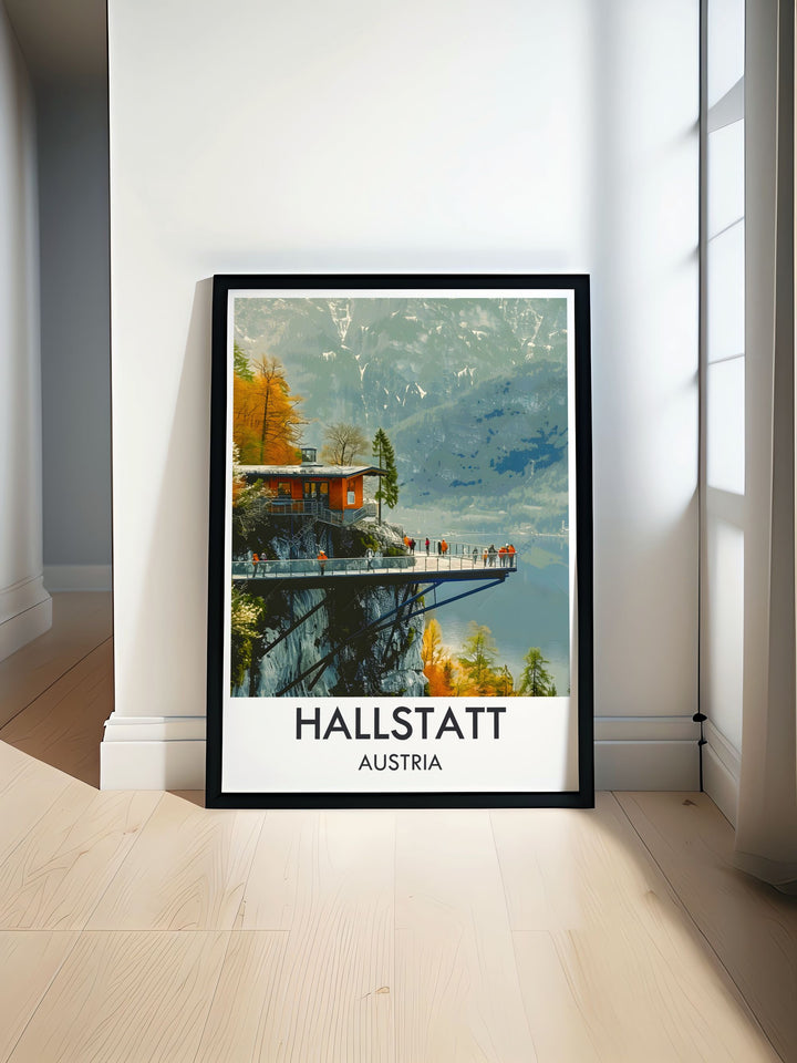 This travel poster of Hallstatt captures the picturesque village nestled between the Dachstein Alps and Hallstätter See, showcasing Austrias enchanting beauty.