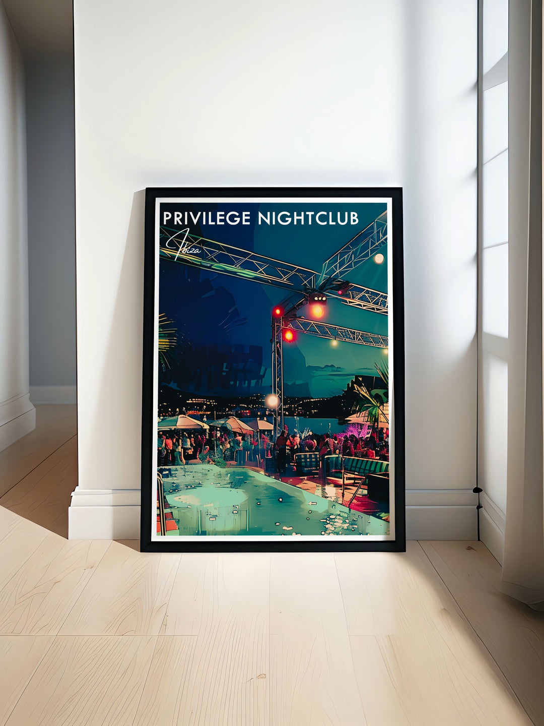 Vista club Ibiza Travel Print featuring vibrant scenes from Ibizas iconic nightclubs including Privilege and Pacha perfect for modern home decor and unique gifts for friends