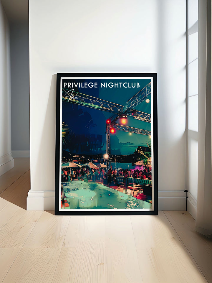 Vista club Ibiza Travel Print featuring vibrant scenes from Ibizas iconic nightclubs including Privilege and Pacha perfect for modern home decor and unique gifts for friends