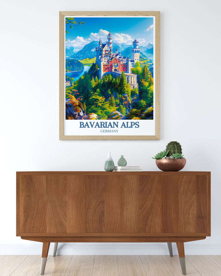 Elegant Germany wall art depicting Neuschwanstein Castle and Alpsee Lake, nestled in the Bavarian Alps. This piece highlights the regions natural and architectural beauty, perfect for adding sophistication to any room.