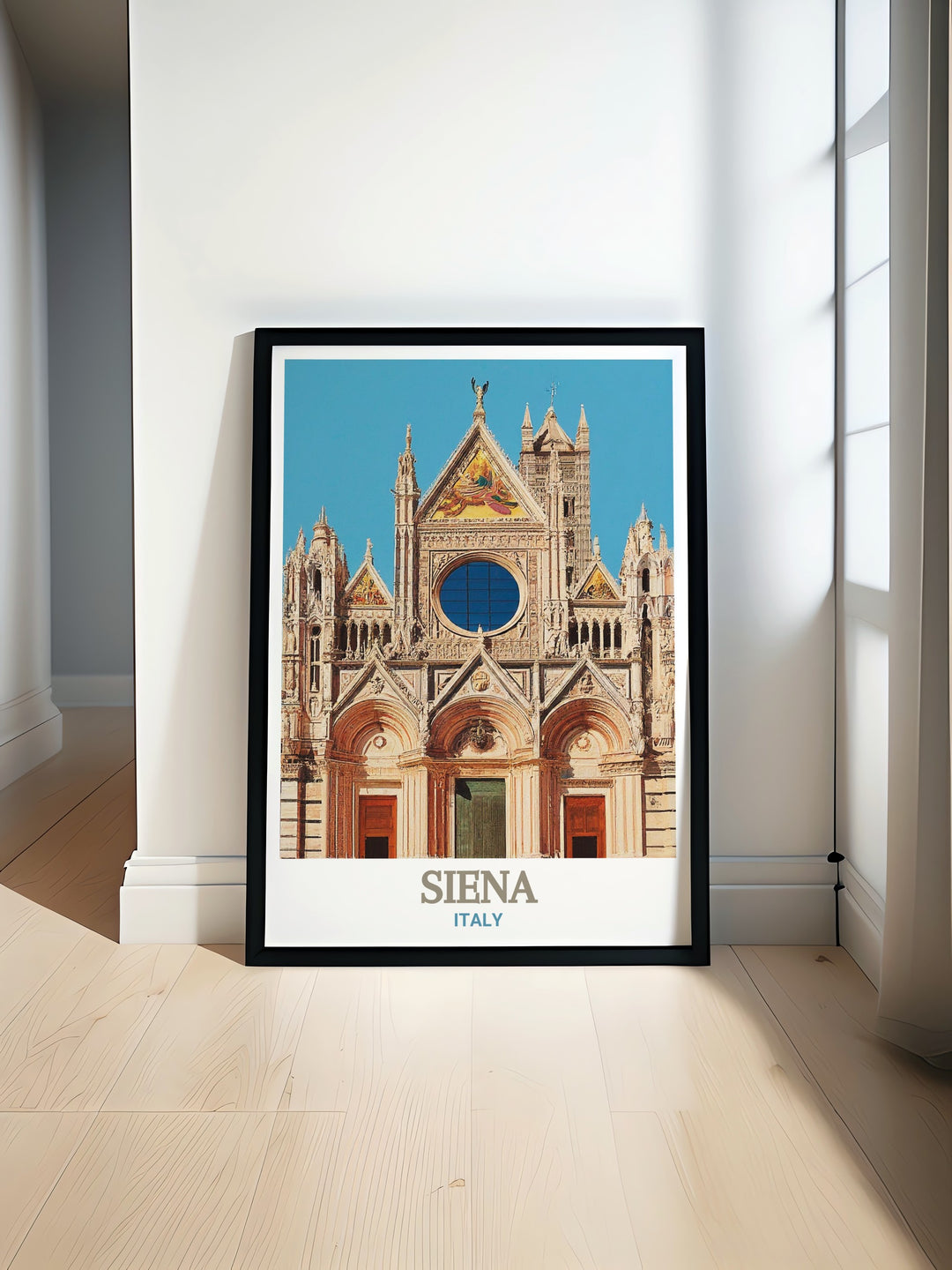 Siena Poster Print featuring the iconic Siena Cathedral in a black and white fine line design. This matted city print includes the Siena Street Map and Botanical Garden making it a perfect addition to your home decor or as a thoughtful gift for any occasion.