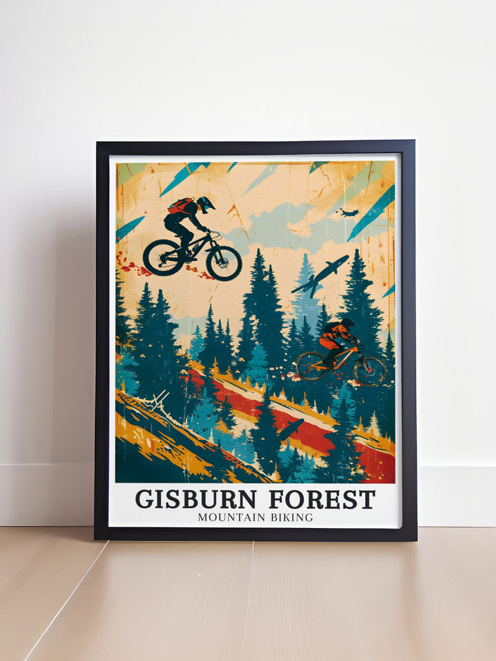 Stunning Mountain Biking Art featuring the famous Red Route Hully Gully trail in Gisburn Forest ideal for any cycling enthusiast looking to add bold and adventurous artwork to their home or office