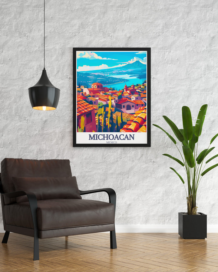 This vibrant Michoacán poster print captures the beauty of Paricutín Volcano and Patzcuaro Lake, two of Mexicos most stunning landmarks. With a vintage design and bold color palette, this canvas art is perfect for home décor or as a personalized gift for lovers of Mexicos natural wonders.