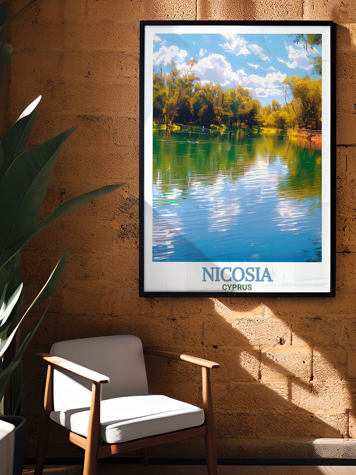 Bring the stunning views of Nicosia and Athalassa Reservoir into your home with this travel poster. Perfect for any room, this canvas art offers a unique depiction of Cyprus, combining the beauty of the city and nature in one stunning piece of wall art.