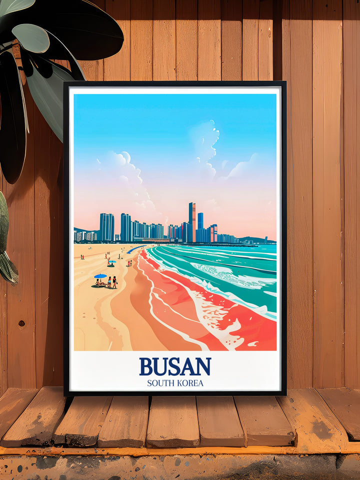 South Korea wall art featuring Haeundae Beach and the Haeundae gu Skyline ideal for bringing the beauty of Busans coastline and modern city life into your home this print is perfect for fans of both nature and urban design.