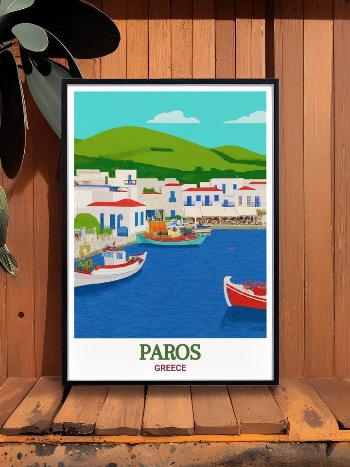 Immerse yourself in the tranquility of Paros with this travel print of Naoussa Harbor, showcasing the picturesque coastal scenery and traditional Cycladic architecture. A beautiful reminder of the Aegeans enchanting islands.