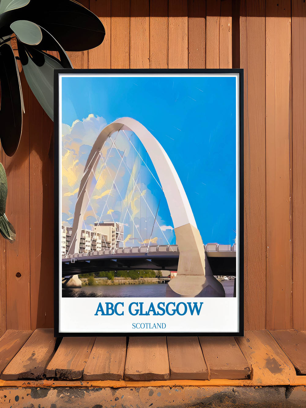 Stunning artwork of The Clyde Arc capturing the beauty of Glasgows contemporary architecture along with the citys famous music venues.