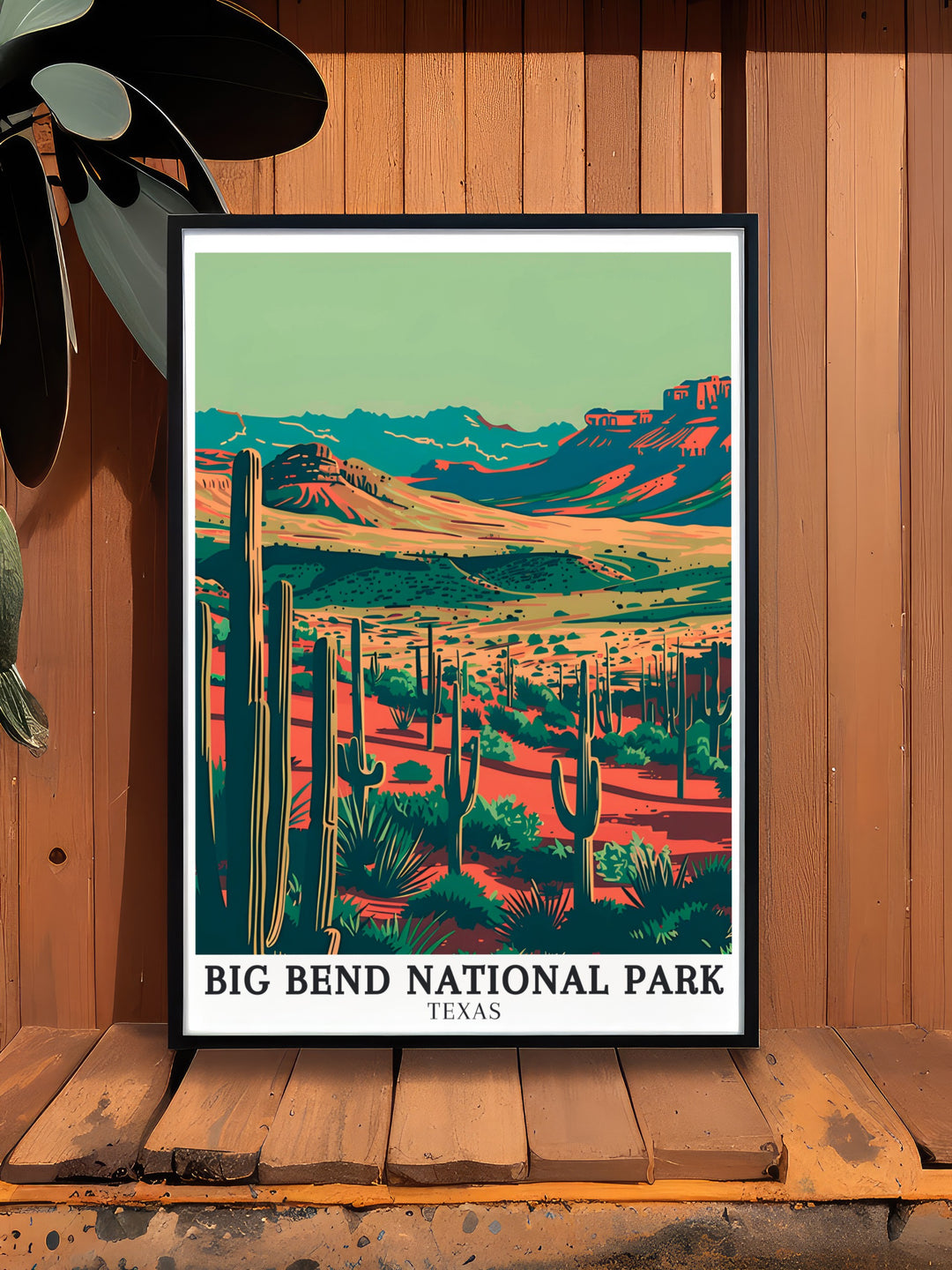 National Park Poster of Big Bend Texas USA with Chihuahuan Desert and Chisos Mountains provides a captivating view of these iconic landscapes making it a must have for anyone who appreciates retro travel art and the great outdoors