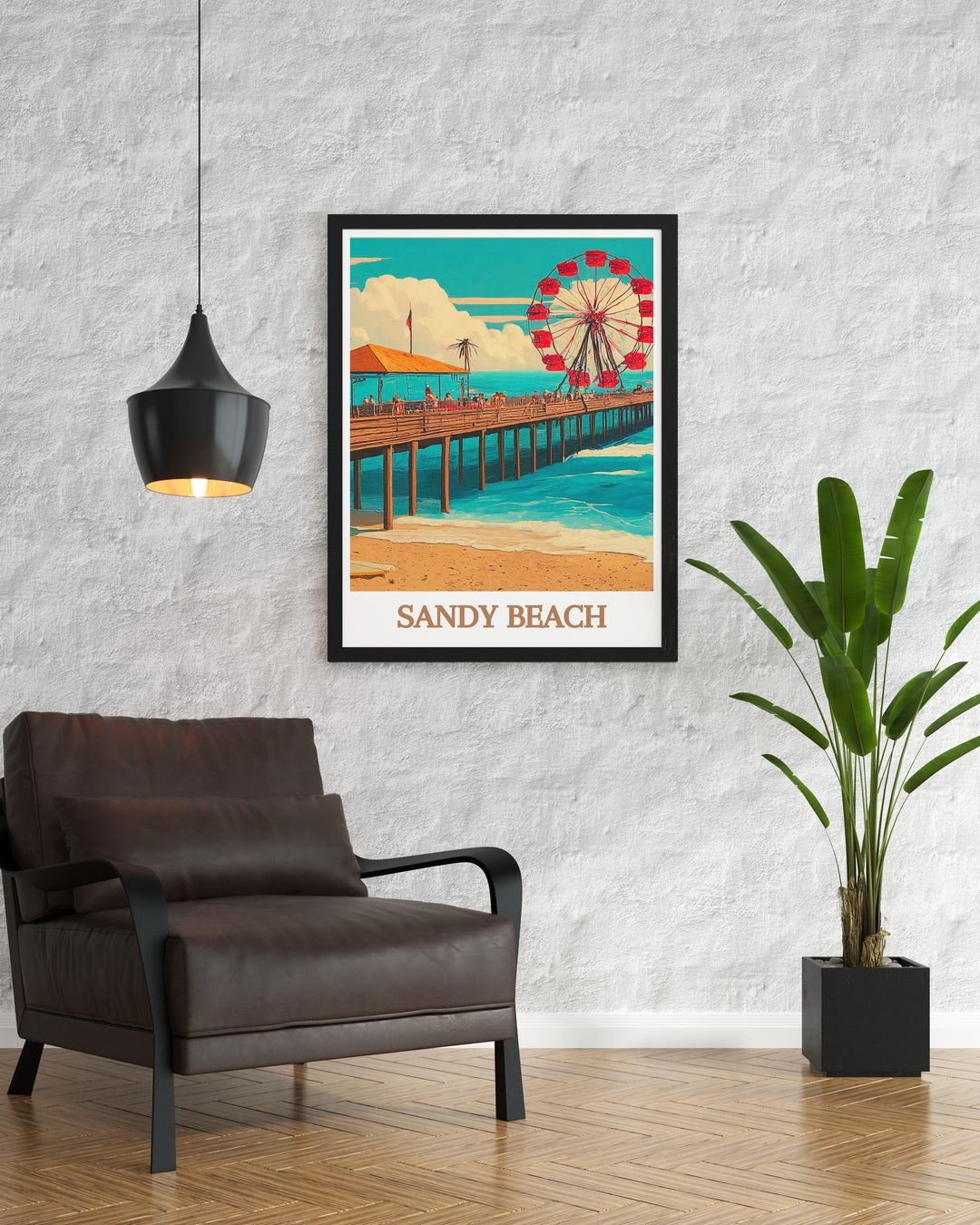 Charming Sandy Beach Pier Travel Print featuring colorful beach scenery and detailed pier imagery perfect for brightening your home decor with its lively and sophisticated artwork