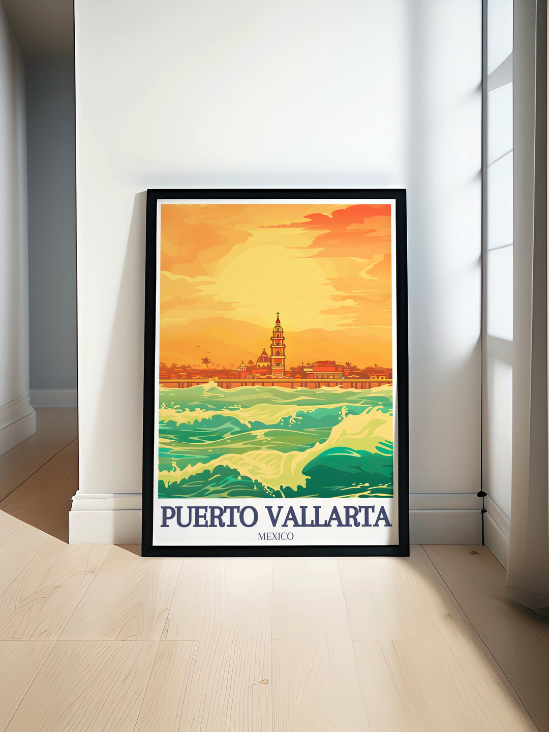 This Puerto Vallarta matted art print highlights the famous Malecón and the Church of Our Lady of Guadalupe, offering a timeless representation of the city. Perfect for any room, this fine line artwork celebrates Mexicos coastal beauty and culture.