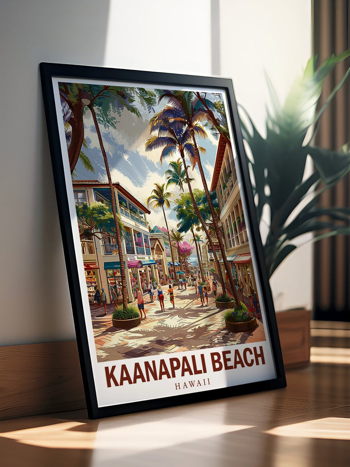 Whalers Village travel print combined with the tropical allure of Kaanapali Beach. This canvas art depicts the unique balance of natural beauty and local vibrancy, making it a perfect gift for Hawaii lovers or anyone who dreams of sunny shores and beach house décor.