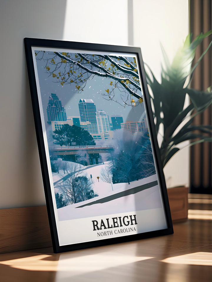 Striking Raleigh poster illustrating the dynamic skyline of Raleigh and the historic beauty of Chapel Hill. The artwork celebrates the blend of tradition and innovation that defines North Carolina, making it an excellent addition to any travel art collection