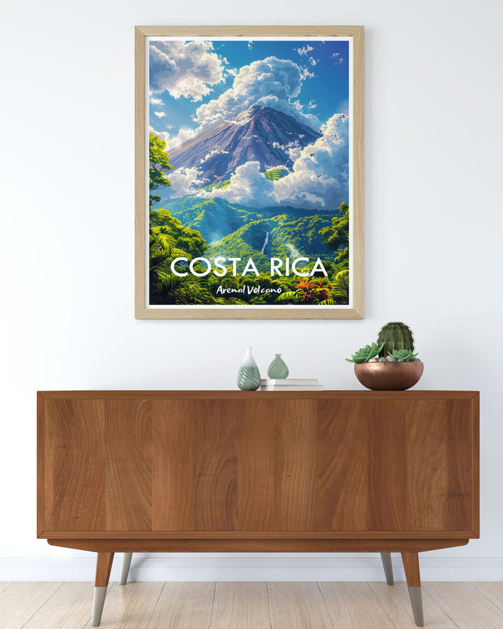 Add a touch of volcanic majesty to your home with this stunning art print of Arenal Volcano. Featuring the striking contrast between the rugged volcanic terrain and the lush rainforest, this poster is ideal for those who appreciate the raw beauty of nature. Perfect for creating a dynamic focal point in any room.