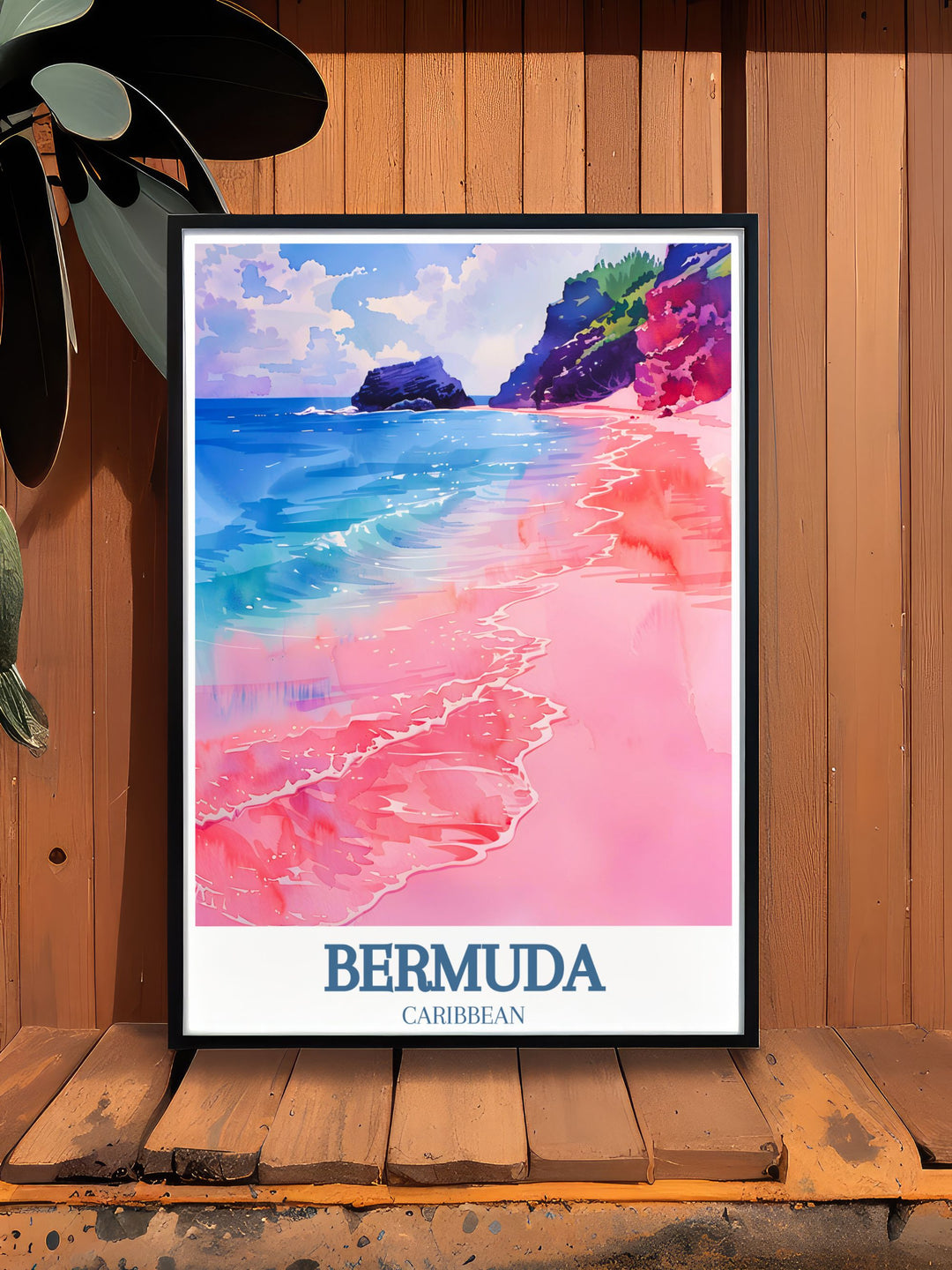 Vibrant art print of Bermuda, highlighting the blend of natural beauty and serene beaches with Horseshoe Bay Beach and Warwick Long Bay in the background. Ideal for adding a touch of Bermudas charm to your decor.
