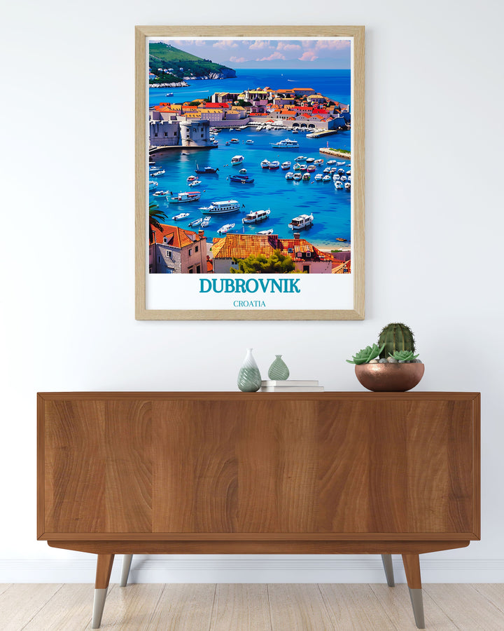 Home decor print illustrating the scenic beauty of Dubrovniks harbor, highlighting the breathtaking coastal views and historic landmarks.