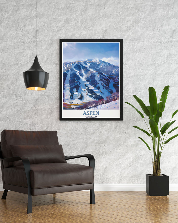 Highlighting Aspen Highlands in Colorado, this travel poster showcases the resorts renowned ski runs and stunning Rocky Mountain backdrop. Ideal for winter sports enthusiasts and nature lovers.