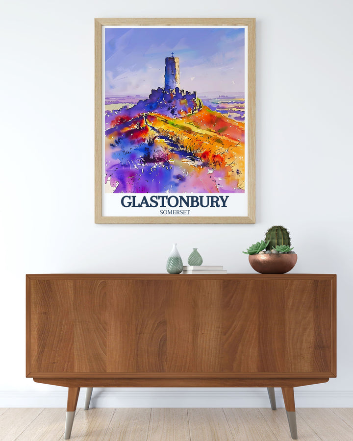 Captivating England wall art featuring Glastonbury Tor with St. Michaels tower and Somerset levels ideal for enhancing your living space with beautiful UK art perfect for giving as a unique Glastonbury gift to friends and family.