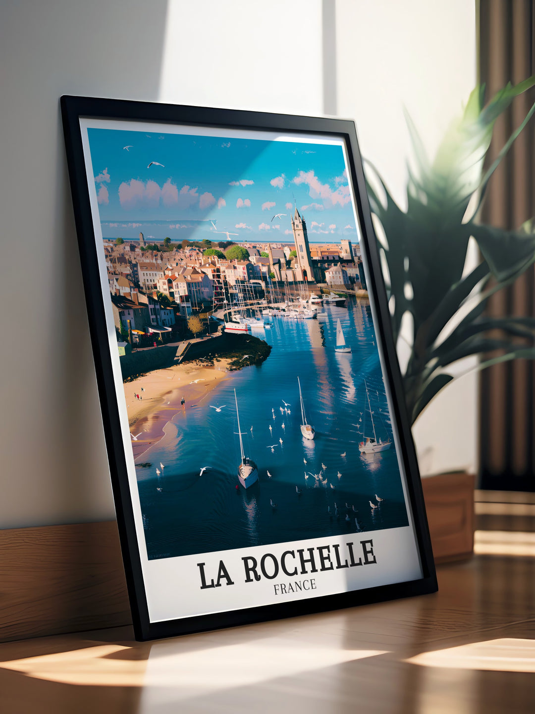 Beautiful France wall print featuring the historic landmarks of La Rochelle and the tranquil scenery of Île de Ré. The detailed artwork captures the essence of this enchanting region, offering a perfect representation of Frances coastal beauty