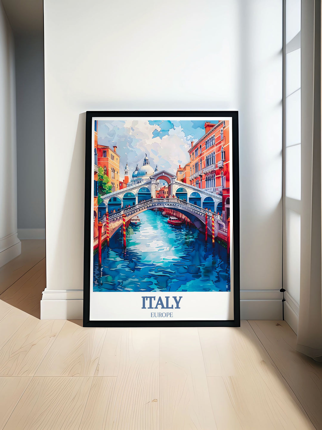 This travel print highlights the elegant Rialto Bridge, one of Venices most recognizable landmarks. The artwork beautifully illustrates the intricate details of the bridge against the backdrop of the Grand Canal, making it a perfect decor piece for any lover of Italian culture.