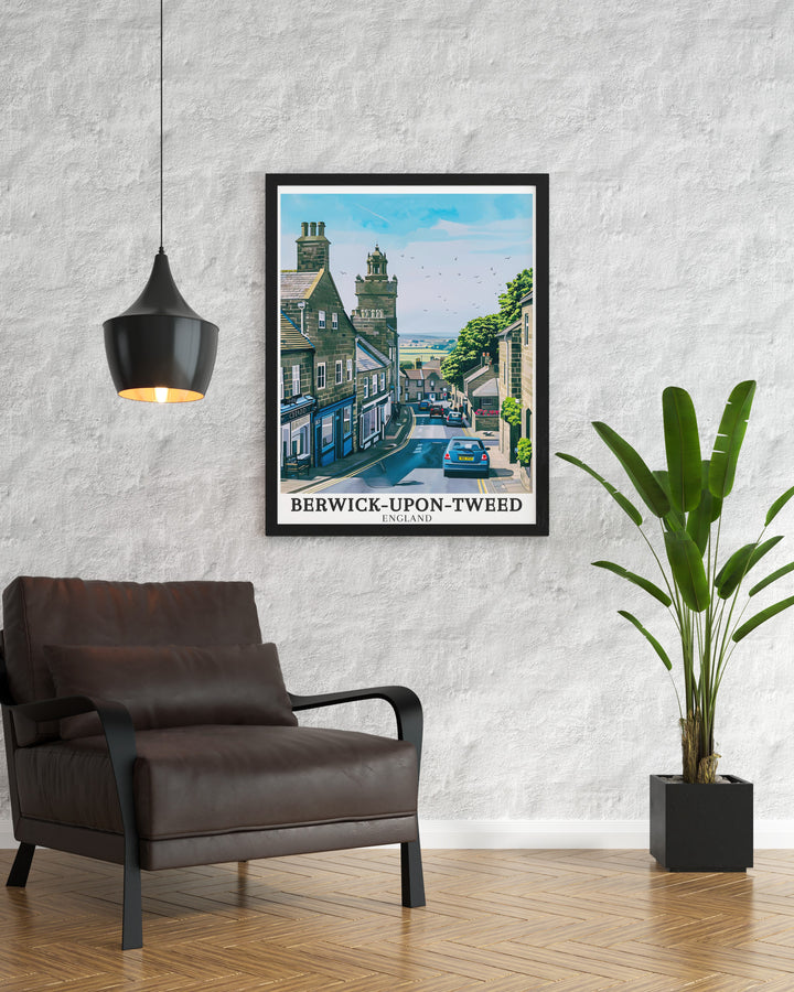 A beautiful Northumberland travel print featuring Berwick town and its iconic walls. This artwork offers a stunning visual representation of the towns history, perfect for adding a touch of British heritage to your decor.