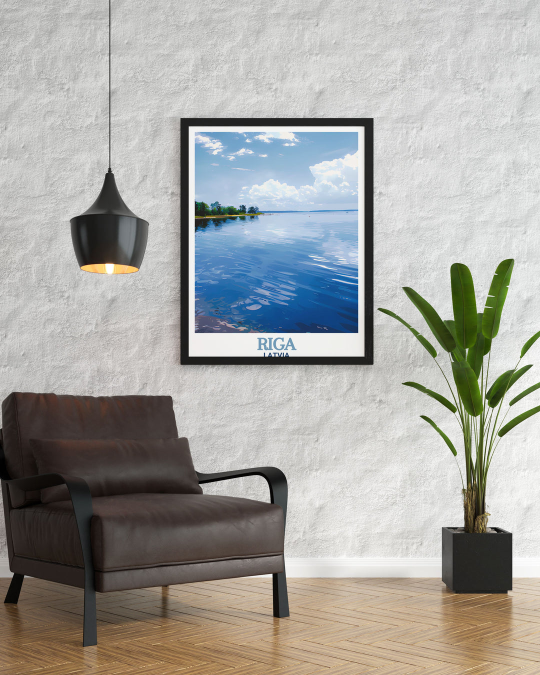 A framed art print of Lake Ķīšezers in Riga, Latvia. This travel print brings the serene landscape of the lake to life, making it a perfect addition to any room needing a calming and natural touch.