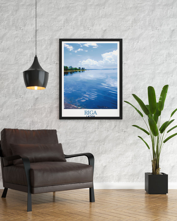 A framed art print of Lake Ķīšezers in Riga, Latvia. This travel print brings the serene landscape of the lake to life, making it a perfect addition to any room needing a calming and natural touch.