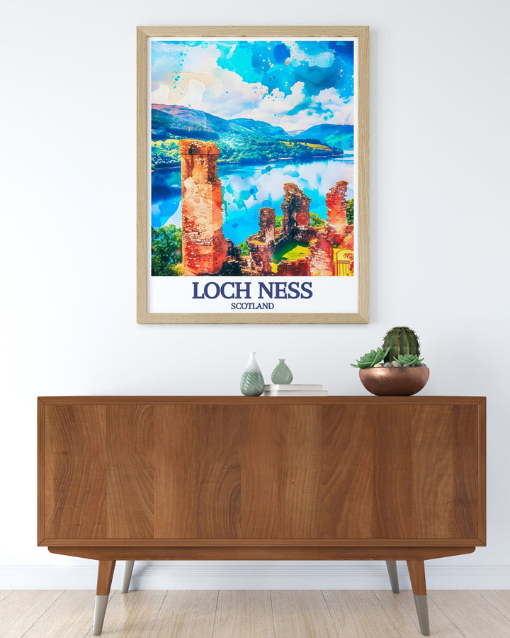 Bring a piece of Scotland into your home with this Loch Ness Urquhart Castle art print. Featuring the famous Loch Ness and the historic Urquhart Castle, this stunning wall decor adds a touch of Scottish heritage to your living room or office.