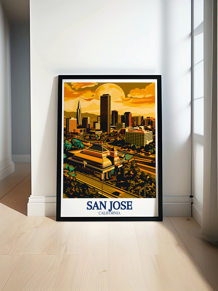 This framed art features San Joses tech driven culture, Silicon Valleys innovation, and the iconic San Francisco Bay Area views. A beautiful addition to your home décor or as a gift for those who love Californias blend of technology and nature.