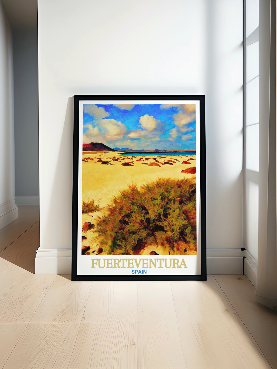 Fuerteventura travel print featuring Corralejo Natural Park, one of Spains most iconic natural reserves. This poster is ideal for nature lovers and those seeking a unique, scenic addition to their home decor.