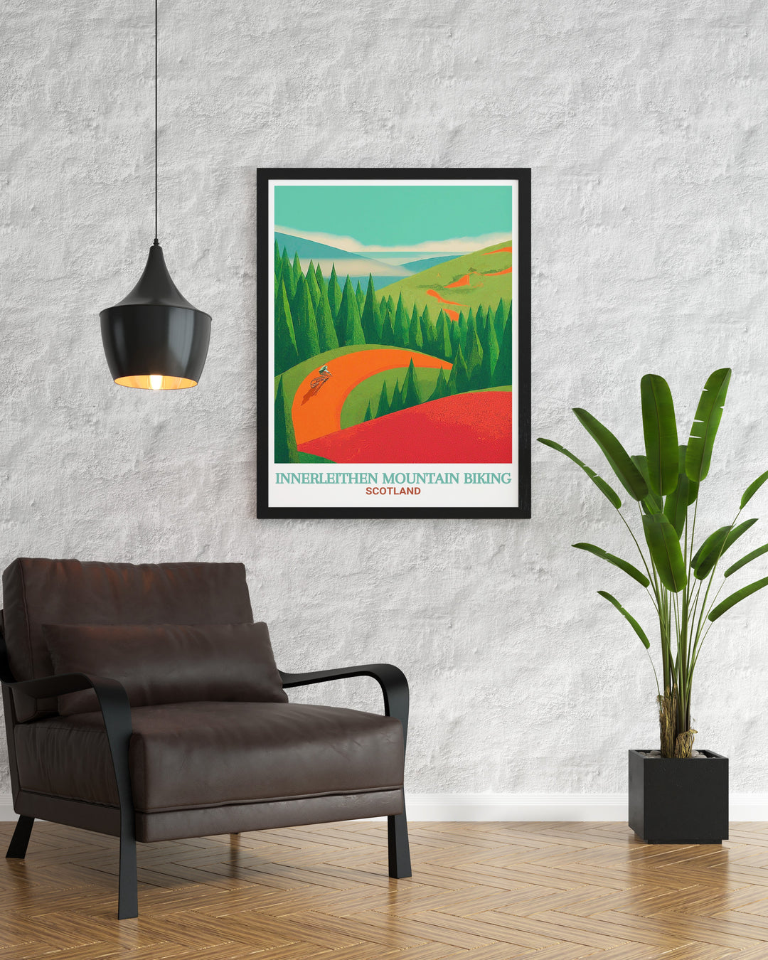 Innerleithen travel poster features the beauty of Scotlands Tweed Valley, with its iconic mountain biking trails at Caberston Forest and Glentress. A stunning gift for any cyclist or outdoor adventurer.